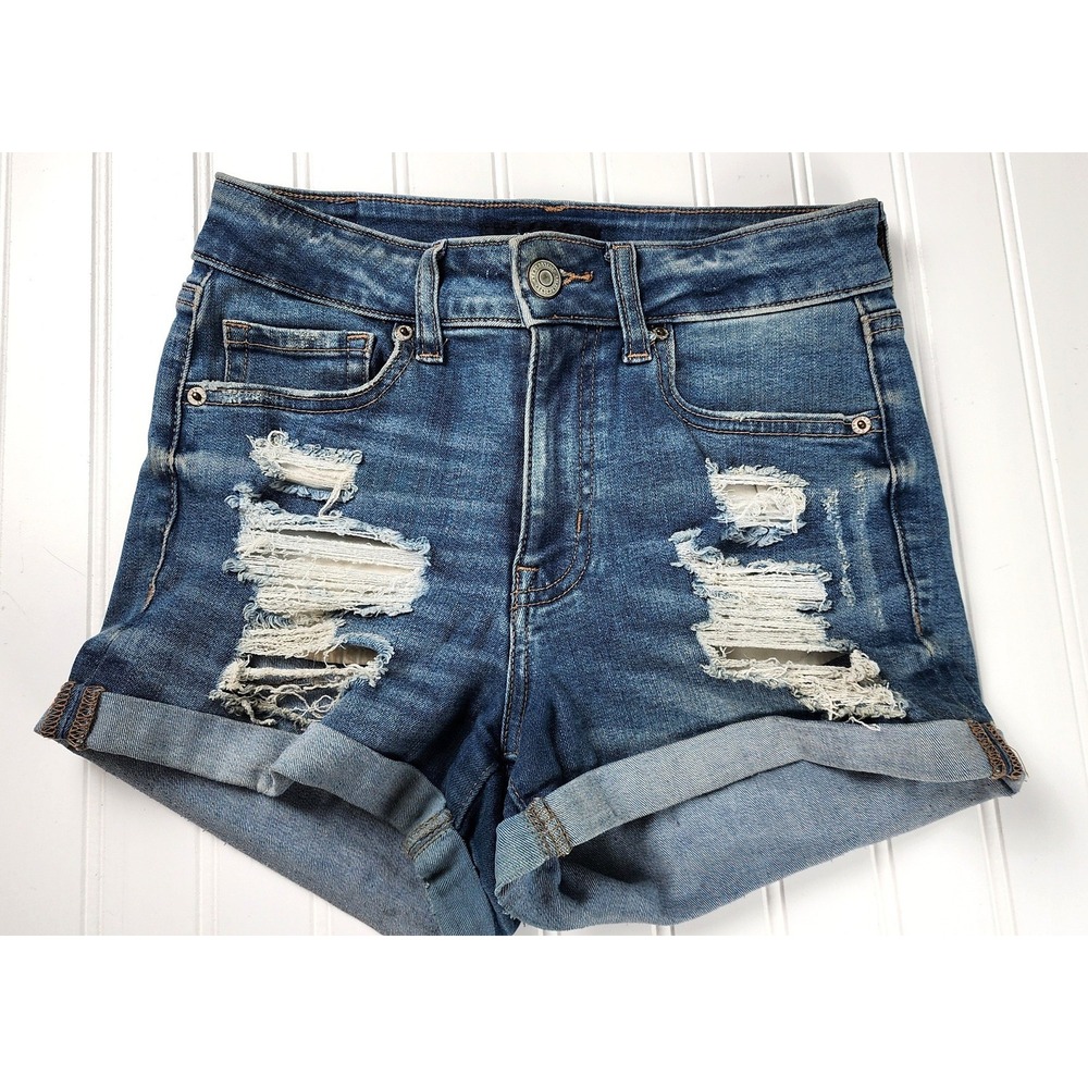 Aeropostale Denim Shorts Womens Size 2 Blue‎ High Rise Midi Distressed Ripped